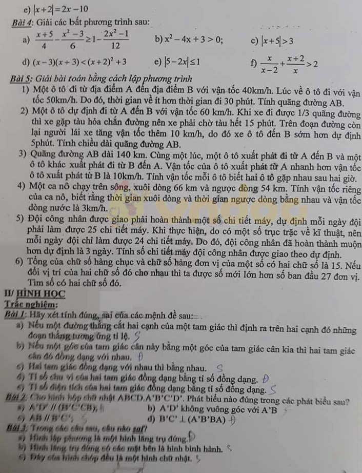 Đề cương ôn thi học kì 2 lớp 8 môn Toán trường THCS Hoàng Liệt, Hoàng Mai năm học 2018 - 2019