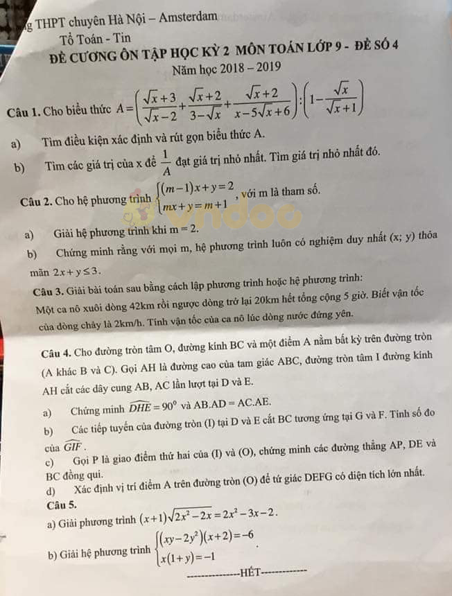 Đề cương ôn thi học kì 2 lớp 9 môn Toán trường THPT Chuyên Hà Nội - Amsterdam năm học 2018 - 2019 (đề 4)