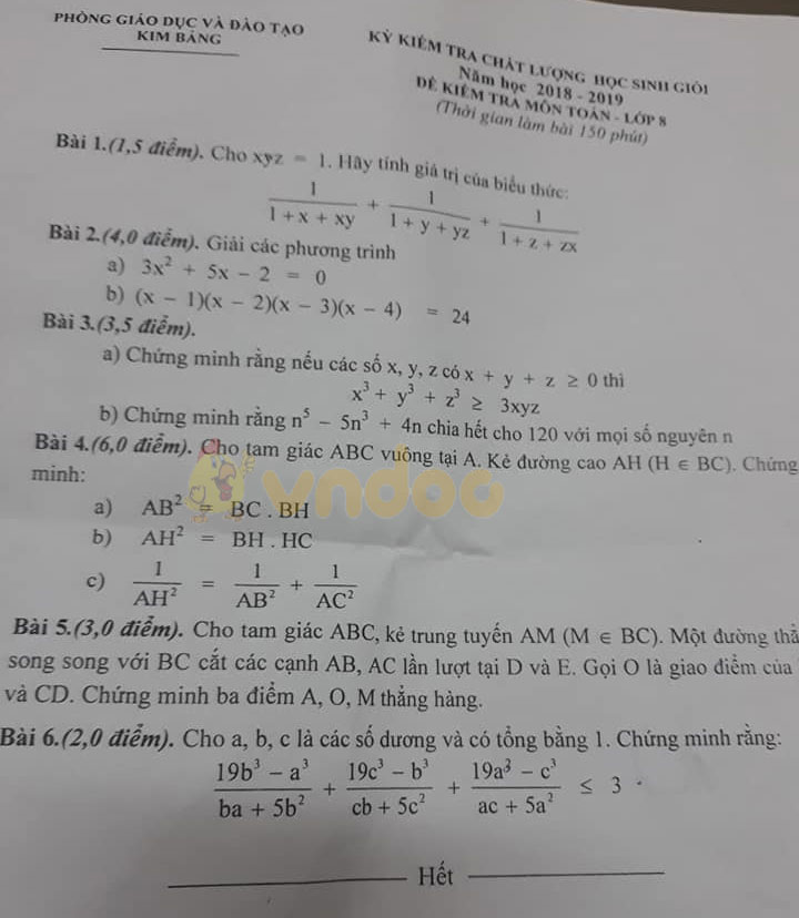 Đề thi chọn học sinh giỏi lớp 8 môn Toán Phòng GD&ĐT Kim Bảng năm học 2018 - 2019