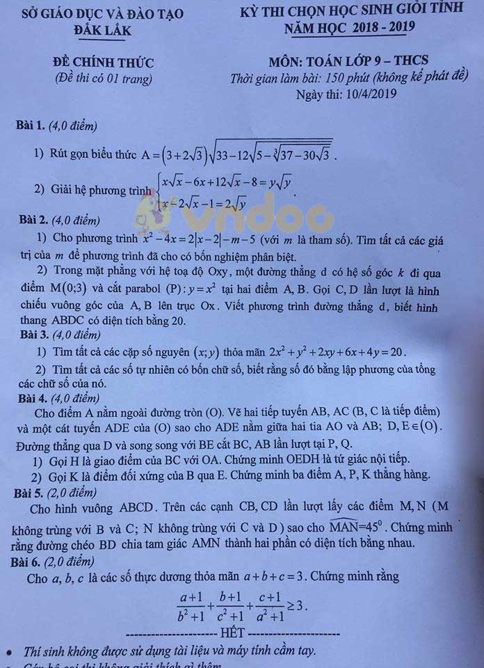 Đề thi chọn học sinh giỏi lớp 9 môn Toán Sở GD&ĐT Đắk Lắk năm học 2018 - 2019