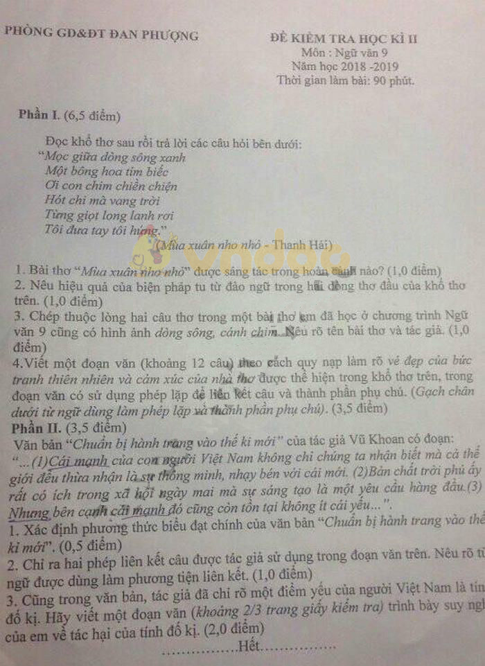Đề thi học kì 2 lớp 9 môn Ngữ văn Phòng GD&ĐT Đan Phượng năm học 2018 - 2019