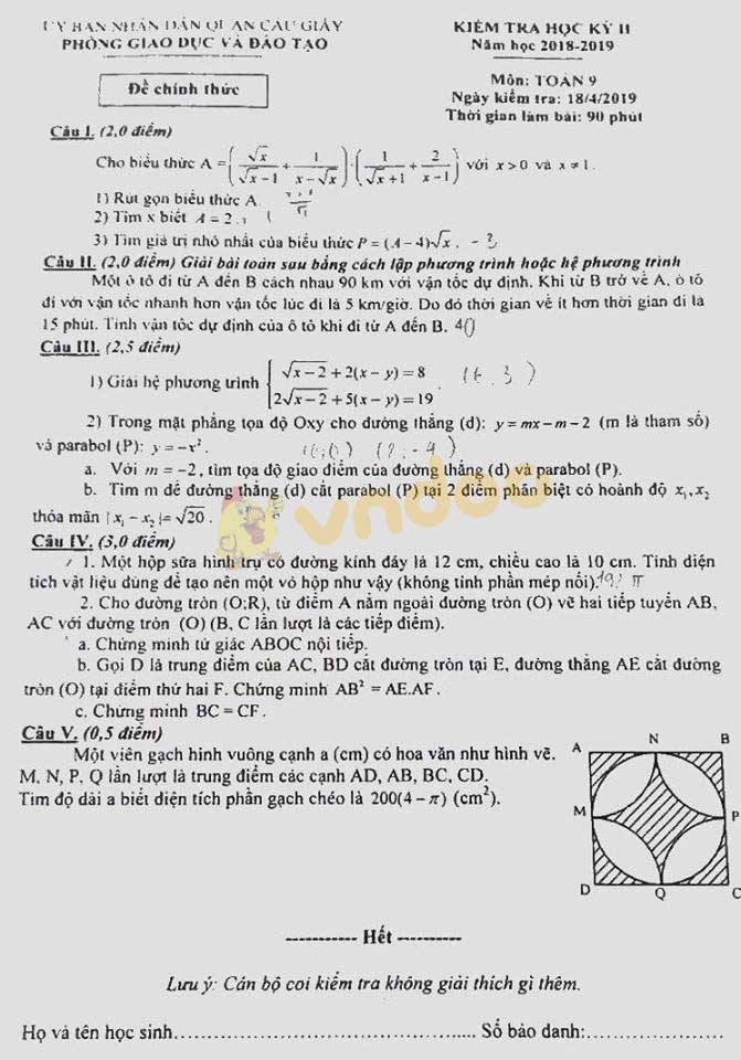 Đề thi học kì 2 lớp 9 môn Toán Phòng GD&ĐT Quận Cầu Giấy năm học 2018 - 2019
