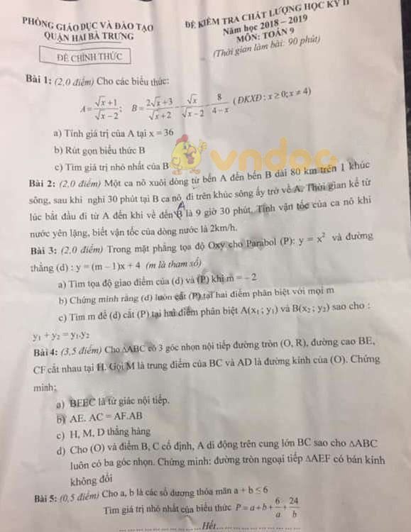 Đề thi học kì 2 lớp 9 môn Toán Phòng GD&ĐT Quận Hai Bà Trưng năm học 2018 - 2019