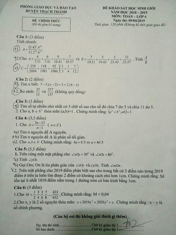 Đề thi HSG môn Toán lớp 6