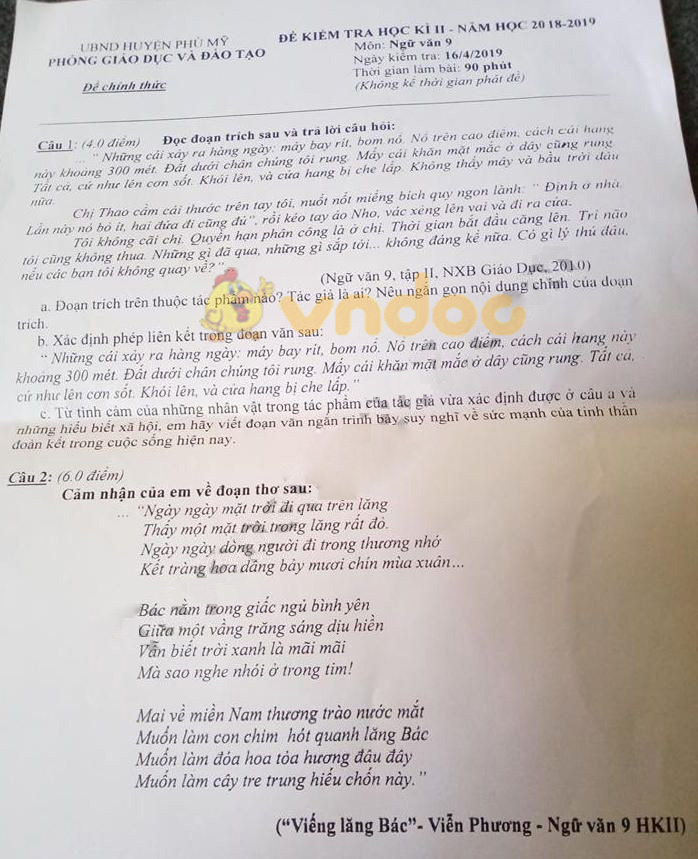 Đề thi học kì 2 lớp 9 môn Ngữ văn Phòng GD&ĐT huyện Phú Mỹ năm học 2018 - 2019