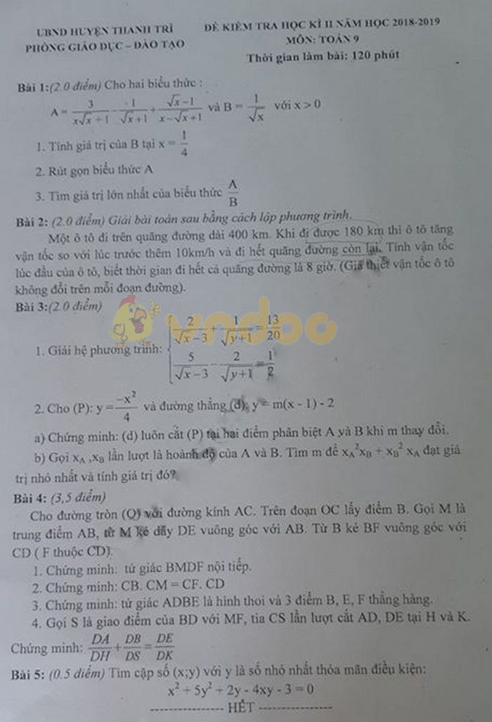 Đề thi học kì 2 lớp 9 môn Toán Phòng GD&ĐT huyện Thanh Trì năm học 2018 - 2019