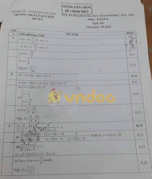 Đề thi học kì 2 lớp 8 môn Toán trường THCS Lê Quý Đôn, Cầu Giấy năm học 2018 - 2019 (đề 2)