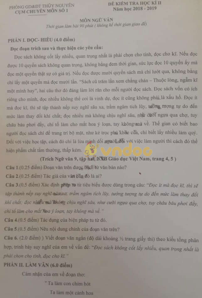 Đề thi học kì 2 lớp 9 môn Ngữ văn Phòng GD&ĐT Thủy Nguyên năm học 2018 - 2019