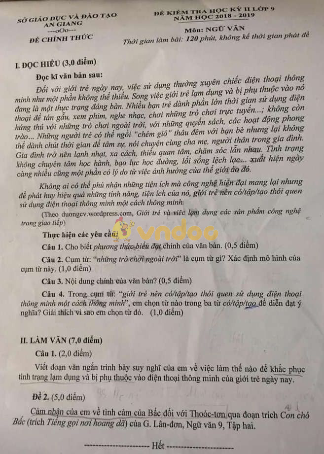 Đề thi học kì 2 lớp 9 môn Ngữ văn Sở GD&ĐT An Giang năm học 2018 - 2019
