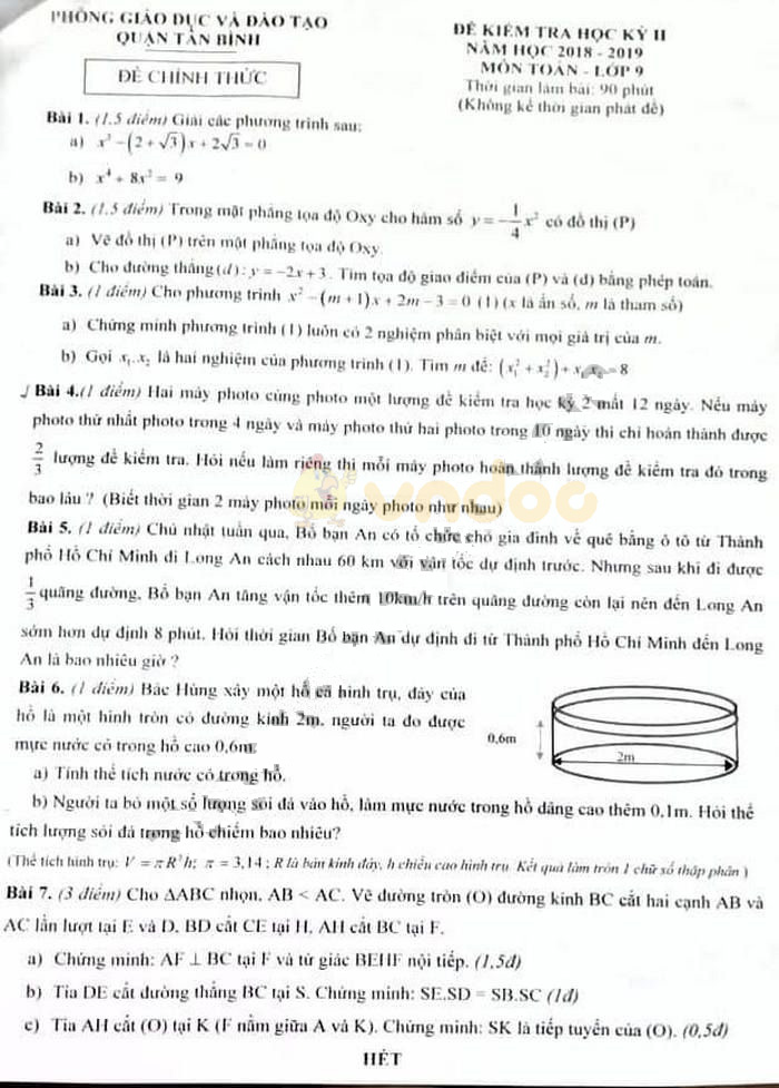 Đề thi học kì 2 lớp 9 môn Toán Phòng GD&ĐT quận Tân Bình năm học 2018 - 2019