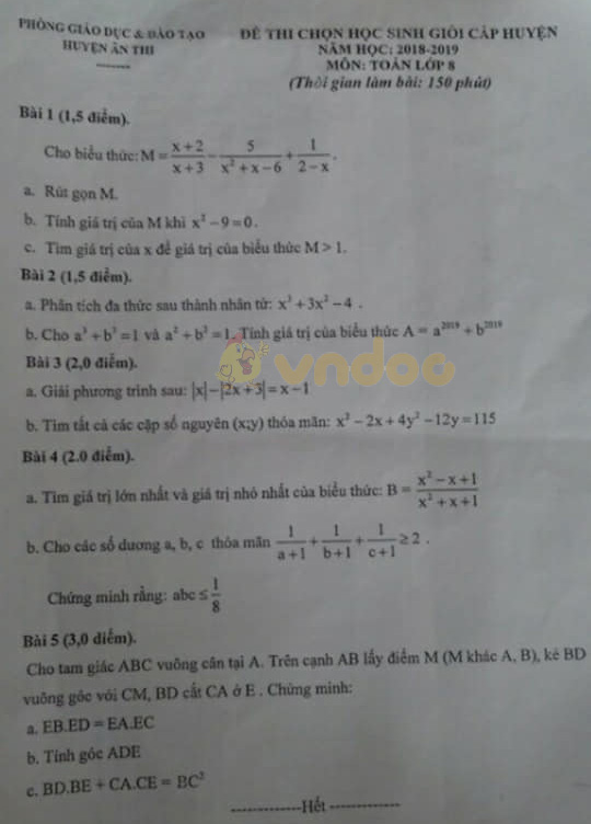 Đề thi chọn học sinh giỏi cấp huyện lớp 8 môn Toán Phòng GD&ĐT huyện Ân Thi năm học 2018 - 2019