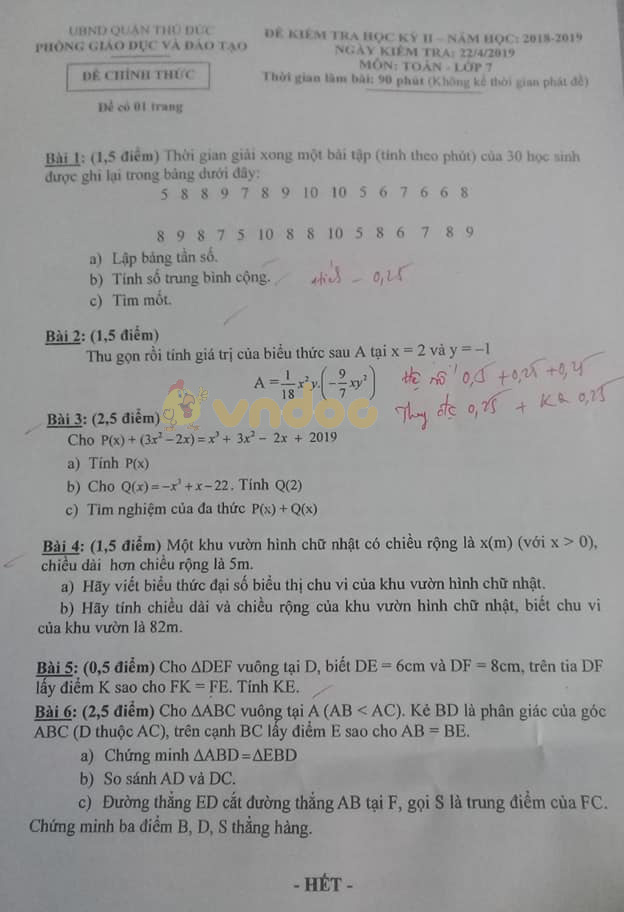 Đề thi học kì 2 lớp 7 môn Toán Phòng GD&ĐT quận Thủ Đức năm học 2018 - 2019