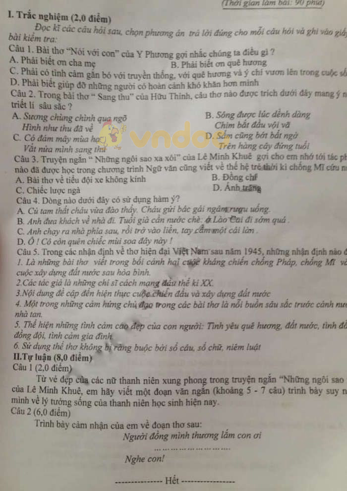 Đề thi học kì 2 lớp 9 môn Ngữ văn trường THPT Cẩm Sơn năm học 2018 - 2019