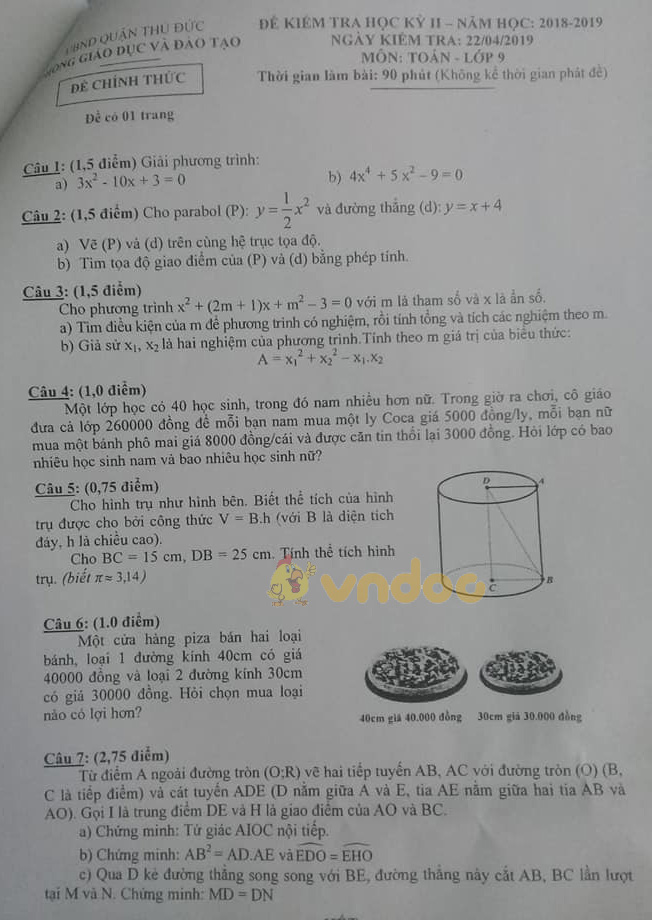 Đề thi học kì 2 lớp 9 môn Toán Phòng GD&ĐT quận Thủ Đức năm học 2018 - 2019