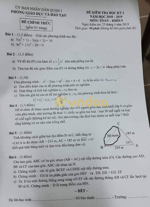 Đề thi học kì 2 lớp 9 môn Toán Phòng GD&ĐT Quận 1 năm học 2018 - 2019