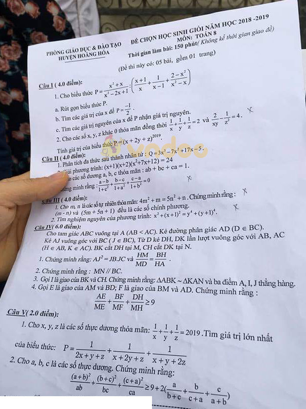 Đề thi chọn học sinh giỏi lớp 8 môn Toán Phòng GD&ĐT Hoàng Hóa năm học 2018 - 2019