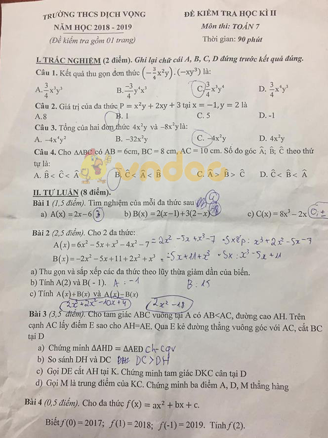 Đề thi học kì 2 lớp 7 môn Toán trường THCS Dịch Vọng năm học 2018 - 2019