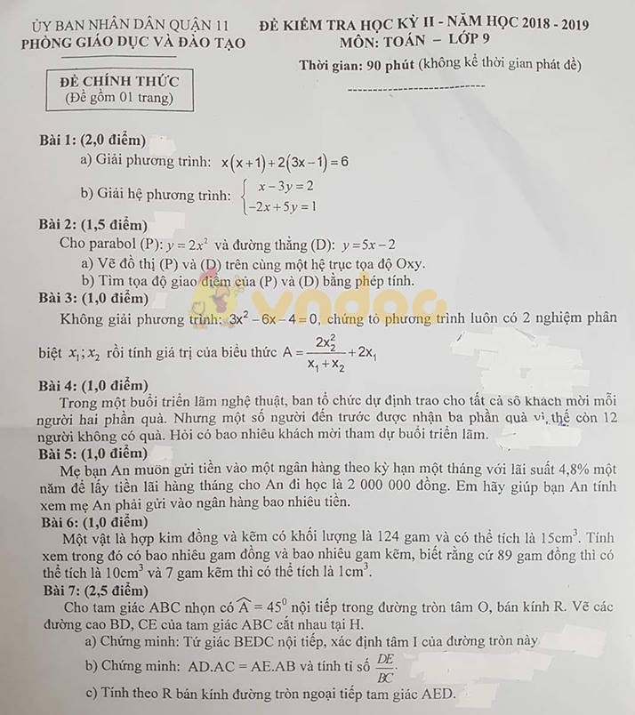Đề thi học kì 2 lớp 9 môn Toán Phòng GD&ĐT Quận 11 năm học 2018 - 2019