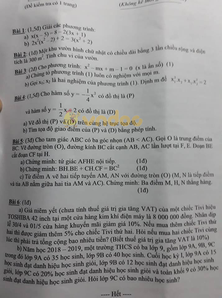 Đề thi học kì 2 lớp 9 môn Toán Phòng GD&ĐT Quận 9 năm học 2018 - 2019