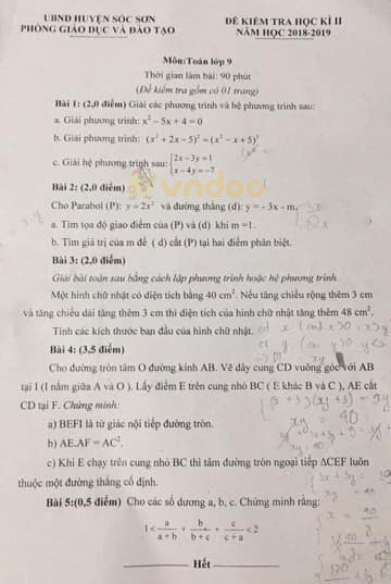 Đề thi học kì 2 lớp 9 môn Toán trường THCS Nam Sơn, Sóc Sơn năm học 2018 - 2019