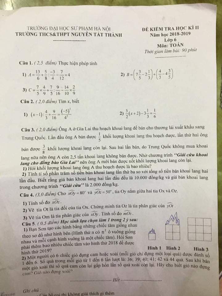 Đề thi học kì 2 môn Toán lớp 6