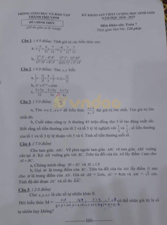 Đề thi KSCL học sinh giỏi lớp 7 môn Toán Phòng GD&ĐT thành phố Vinh năm học 2018 - 2019