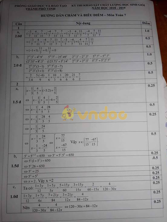 Đề thi KSCL học sinh giỏi lớp 7 môn Toán Phòng GD&ĐT thành phố Vinh năm học 2018 - 2019