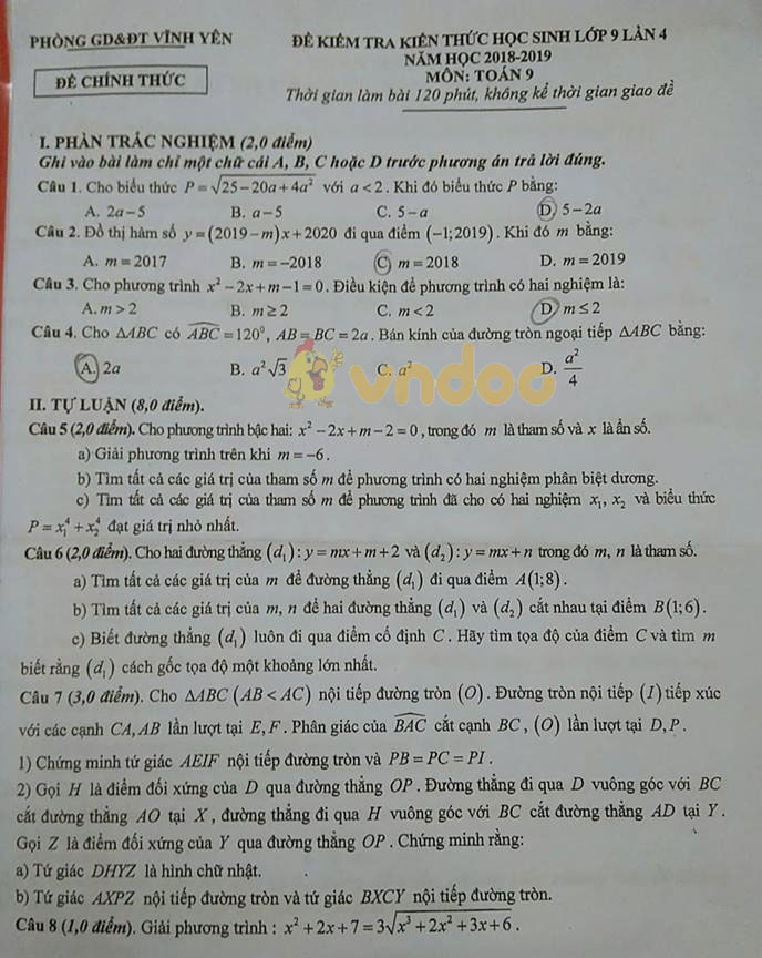 Đề thi thử vào lớp 10 môn Toán Phòng GD&ĐT Vĩnh Yên năm học 2018 - 2019 (lần 4)