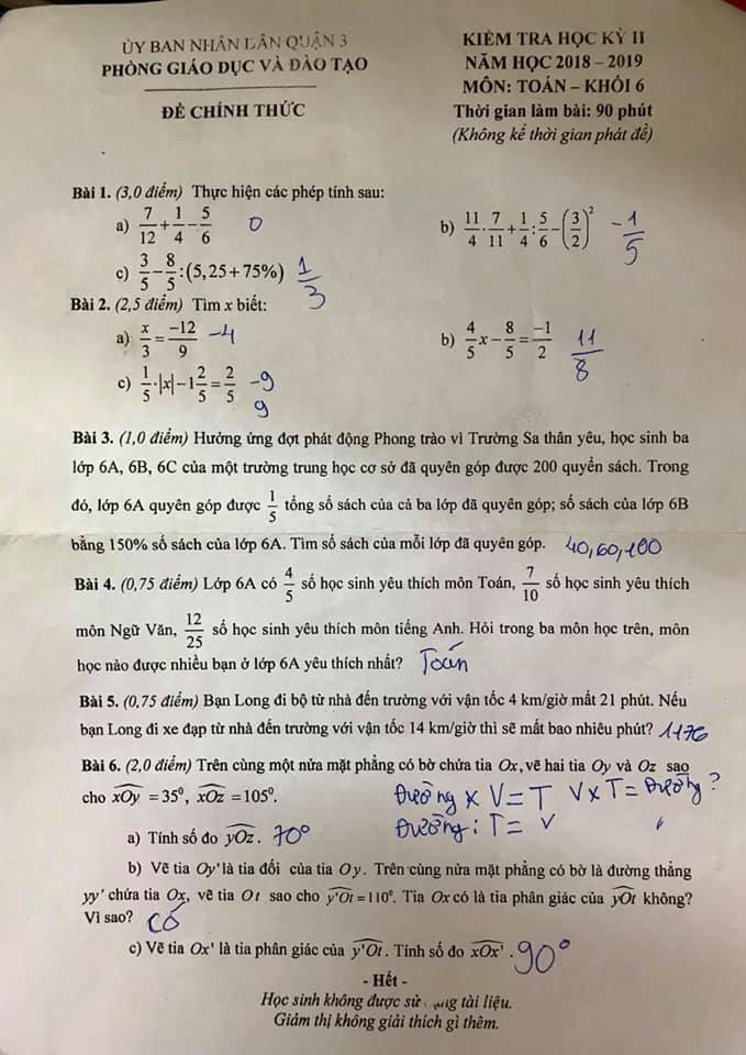 Đề thi học kì 2 lớp 6 môn Toán