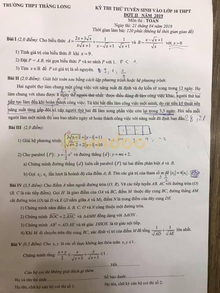 Đề thi thử vào lớp 10 môn Toán trường THPT Thăng Long năm học 2019 - 2020