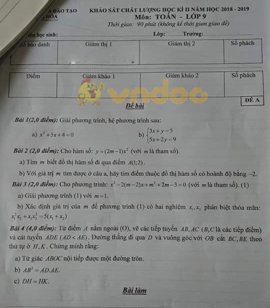 Đề thi học kì 2 lớp 9 môn Toán Phòng GD&ĐT Hoàng Hóa năm học 2018 - 2019