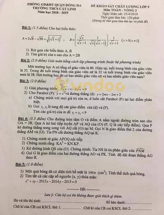 Đề thi KSCL lớp 9 môn Toán trường THCS Cát Linh, Đống Đa năm học 2018 - 2019 (vòng 3)