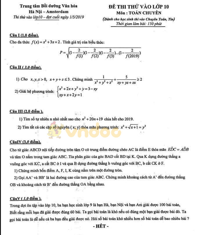 Đề thi thử vào lớp 10 môn Toán trường THPT Chuyên Hà Nội - Amsterdam năm học 2019 - 2020 (đợt cuối)
