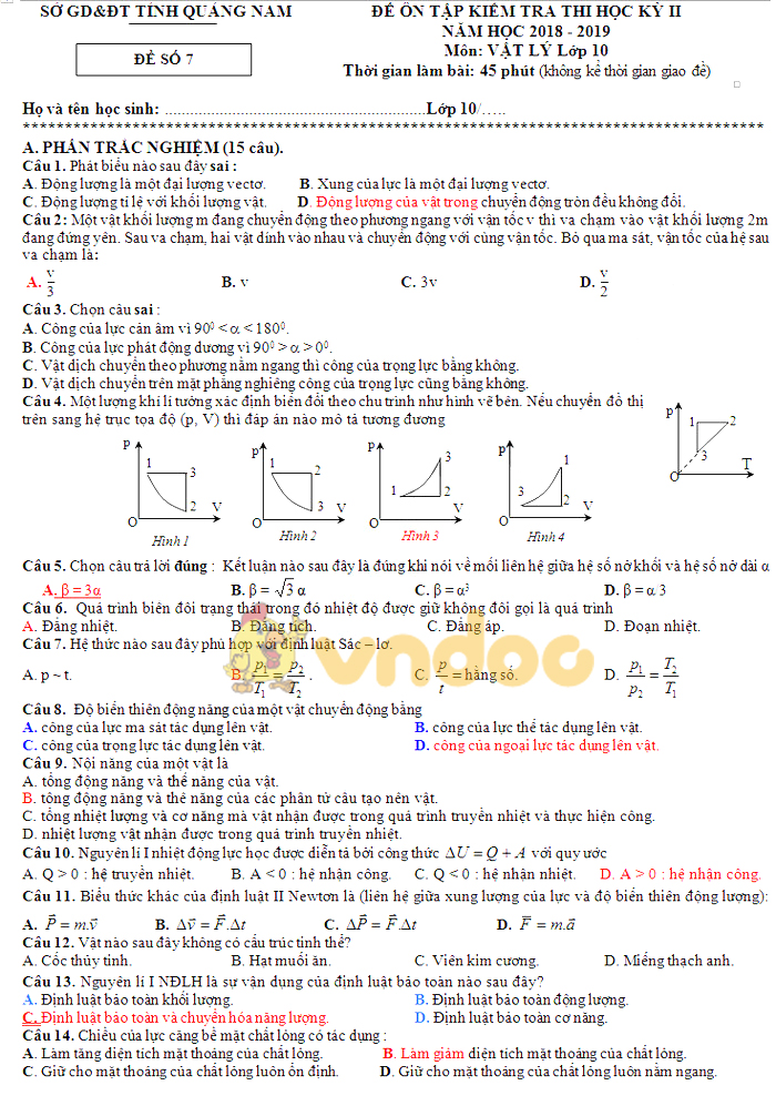Đề thi học kì 2 lớp 10 môn Vật lý năm 2018 - 2019