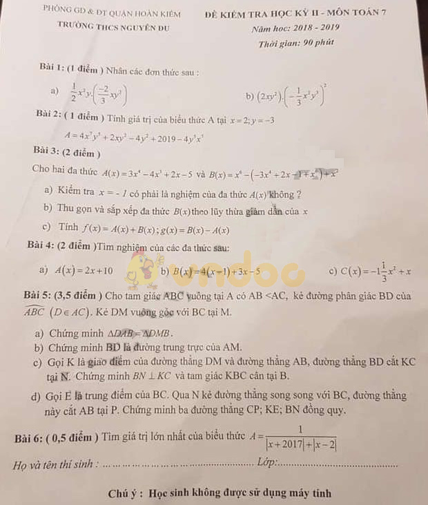 Đề thi học kì 2 lớp 7 môn Toán trường THCS Nguyễn Du, Hoàn Kiếm năm học  2018 - 2019 - Đề thi Toán lớp 7 học kì 2 năm 2019 - VnDoc.com