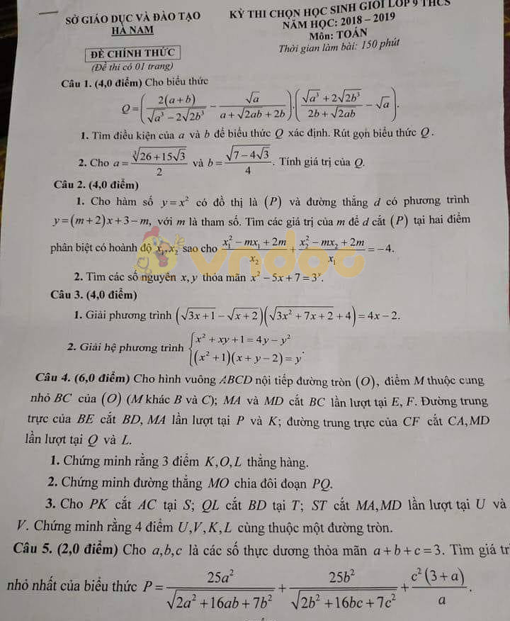 Đề thi chọn học sinh giỏi lớp 9 môn Toán Sở GD&ĐT Hà Nam năm học 2018 - 2019
