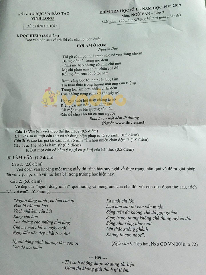 Đề thi học kì 2 lớp 9 môn Ngữ văn Sở GD&ĐT Vĩnh Long năm học 2018 - 2019