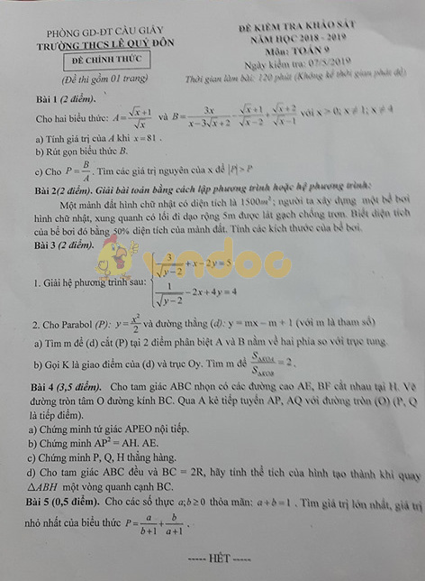 Đề thi học kì 2 lớp 9 môn Toán trường THCS Lê Quý Đôn, Cầu Giấy năm học 2018 - 2019