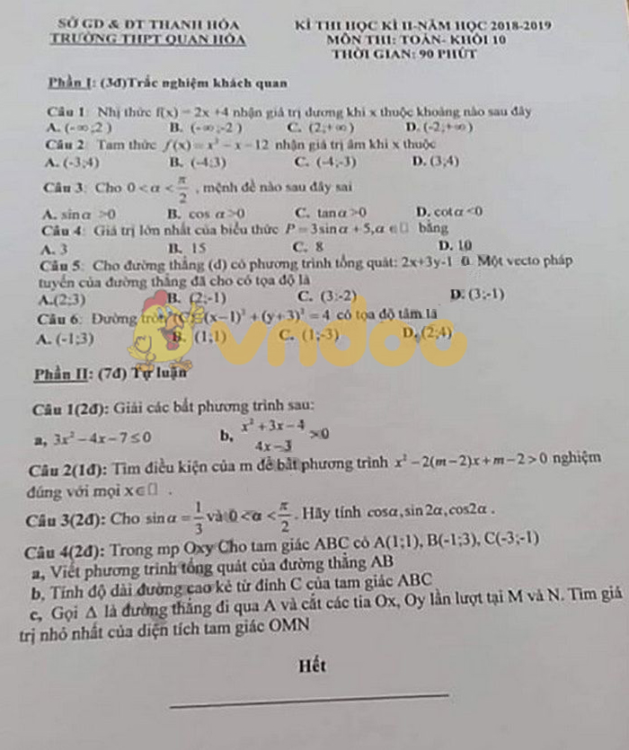 Đề thi học kì 2 lớp 10 môn Toán năm 2018 - 2019