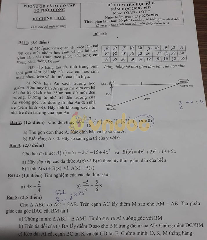 Đề thi học kì 2 lớp 7 môn Toán Phòng GD&ĐT Gò Vấp năm học 2018 - 2019