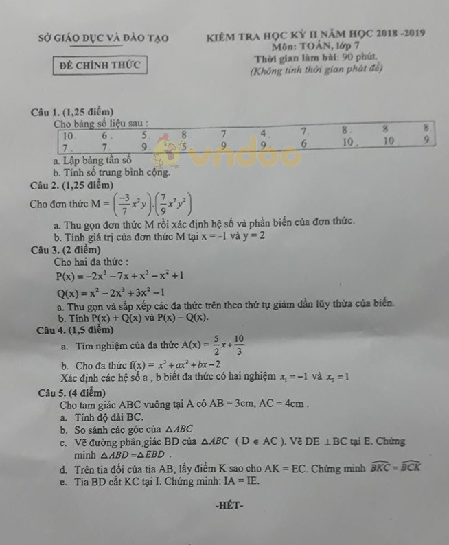 Đề thi học kì 2 lớp 7 môn Toán Sở GD&ĐT Bình Dương năm học 2018 - 2019