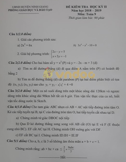 Đề thi học kì 2 lớp 9 môn Toán Phòng GD&ĐT huyện Ninh Giang năm học 2018 - 2019