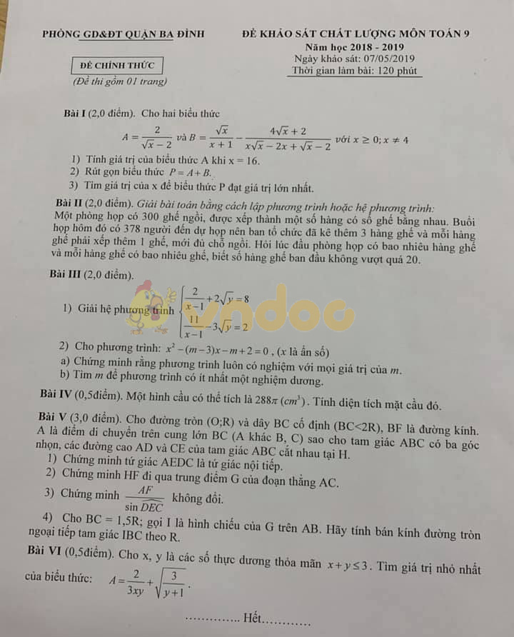 Đề thi thử vào lớp 10 môn Toán Phòng GD&ĐT Quận Ba Đình năm học 2019 - 2020