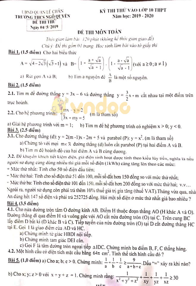 Đề thi thử vào lớp 10 môn Toán trường THCS Ngô Quyền, Lê Chân năm học 2019 - 2020