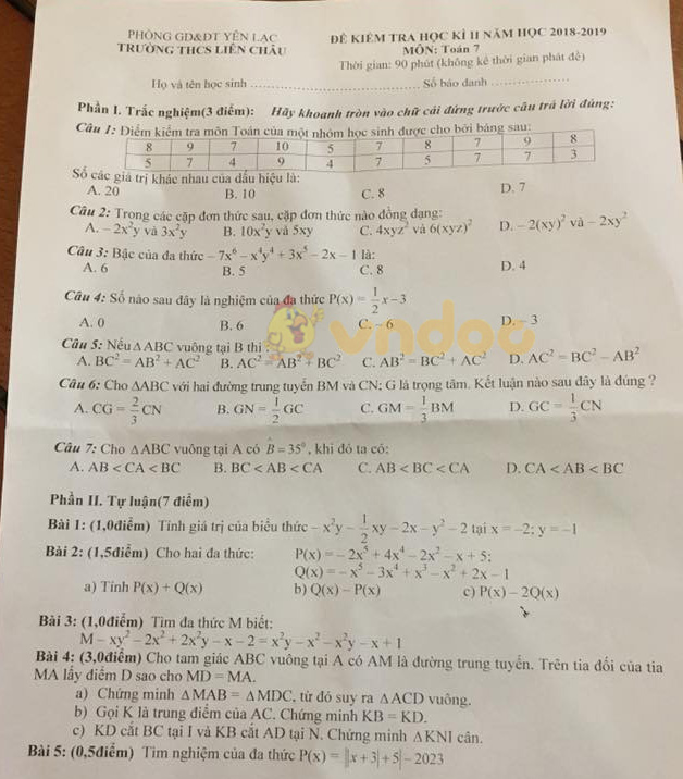 Đề thi học kì 2 lớp 7 môn Toán trường THCS Liên Châu, Yên Lạc năm học 2018 - 2019