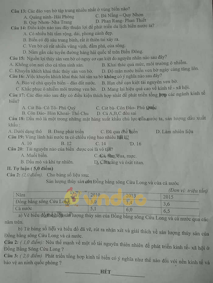Đề thi học kì 2 lớp 9 môn Địa lý trường TH&THCS Vĩnh Chấp, Vĩnh Linh năm học 2018 - 2019
