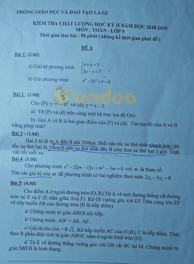 Đề thi học kì 2 lớp 9 môn Toán Phòng GD&ĐT La Gi năm học 2018 - 2019