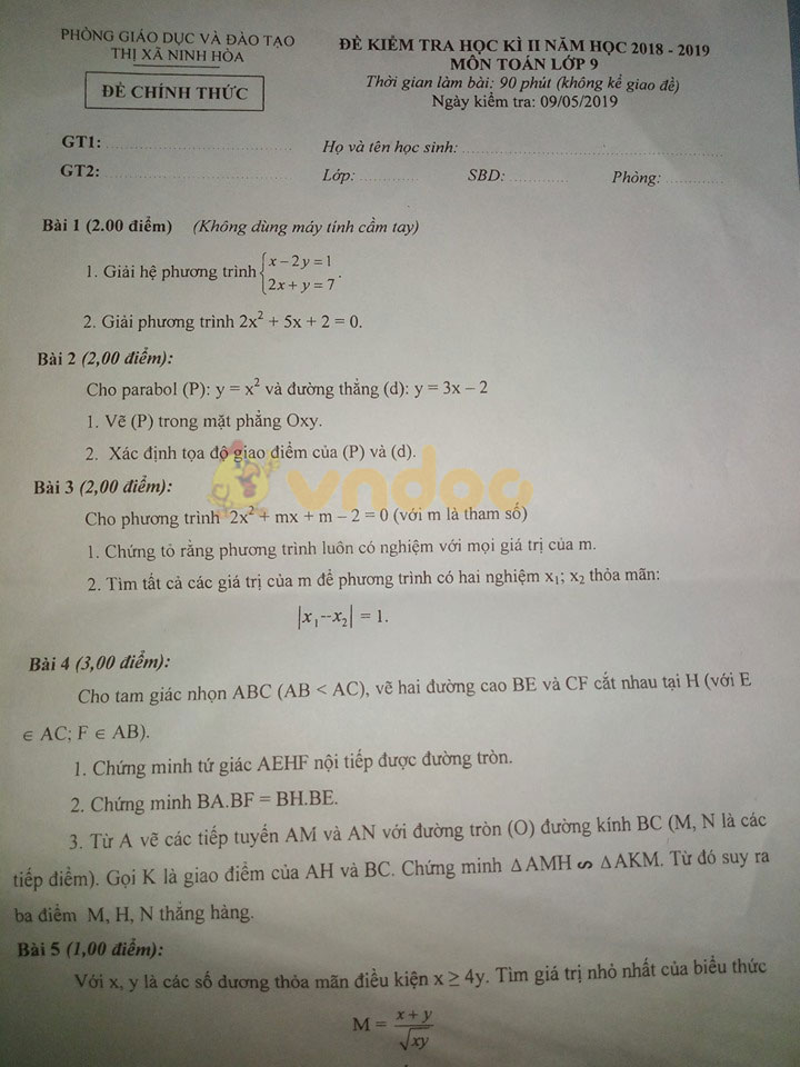 Đề thi học kì 2 lớp 9 môn Toán Phòng GD&ĐT Thị xã Ninh Hòa năm học 2018 - 2019
