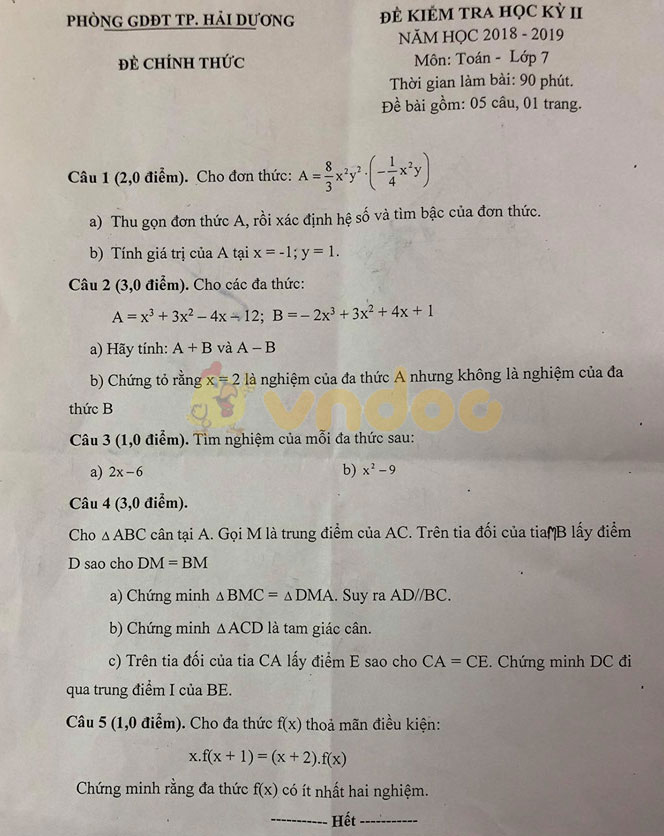 Đề thi học kì 2 lớp 7 môn Toán Phòng GD&ĐT TP Hải Dương năm học 2018 - 2019