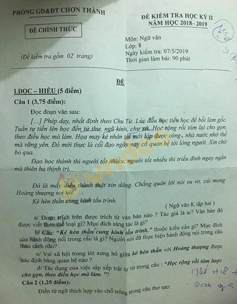 Đề thi học kì 2 lớp 8 môn Ngữ văn Phòng GD&ĐT Chơn Thành năm học 2018 - 2019